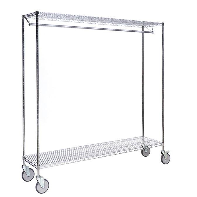 Novocal-takkiteline, joka on valmistettu tarkkuusteräksestä, nikkelöity ja korkeakiiltoisesti kromattu, tarjoaa neljällä pyörällä vaakasuoran ripustustangon ja lankakorin, ihanteellinen vaatteiden liikkuvaan säilytykseen lääketieteellisissä laitoksissa.