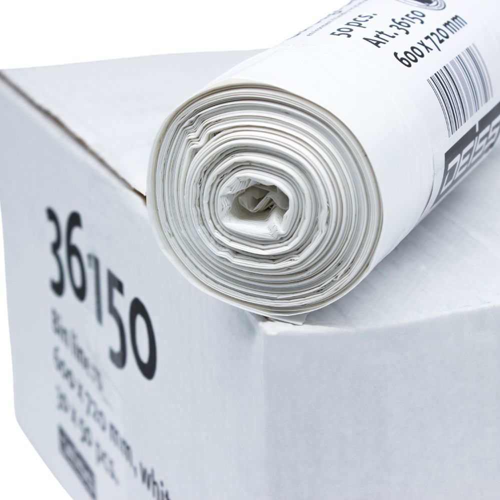 Yksi rulla DEISS LDPE -roskapusseja 60 litraa, valmistettu EMIL DEISS KG (GmbH + Co.) pitkäikäisyyden takaamiseksi, asetetaan valkoisen laatikon päälle. Rulla on tiukasti kääritty ja laatikossa näkyy ”36150” yhdessä viivakoodin ja muiden painettujen tietojen kanssa, jotka osoittavat 60 litran kapasiteetin.