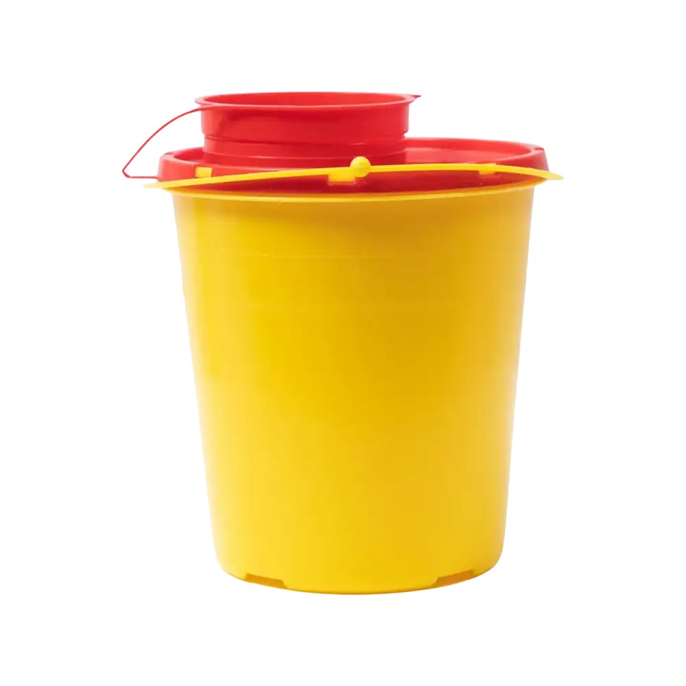 Der Auslaufartikel: Kanülen-Entsorgungsbox, 1,5 L, Serie PBS von AMPri Handelsgesellschaft mbH ist eine gelbe Kunststoffbox mit rotem Deckel und Griff für die medizinische Abfallentsorgung, abgebildet auf einem schlichten weißen Hintergrund.