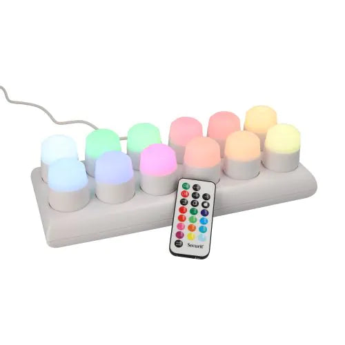 Papstar Securit® 12 LED-teevalo sis. latausasema Ø 4 cm x 5 cm "Amsterdam" valaistusaika 12-40 tuntia