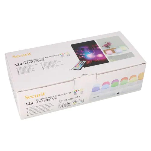 Papstar Securit® 12 LED-teevalo sis. latausasema Ø 4 cm x 5 cm "Amsterdam" valaistusaika 12-40 tuntia