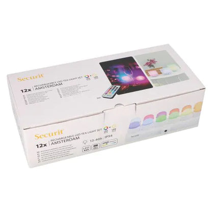 Papstar Securit® 12 LED-teevalo sis. latausasema Ø 4 cm x 5 cm "Amsterdam" valaistusaika 12-40 tuntia