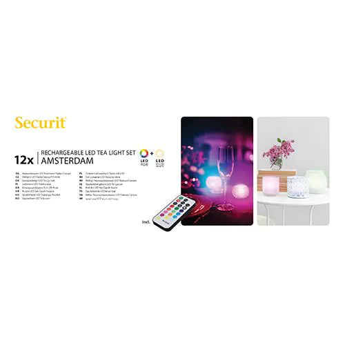 Papstar Securit® 12 LED-teevalo sis. latausasema Ø 4 cm x 5 cm "Amsterdam" valaistusaika 12-40 tuntia