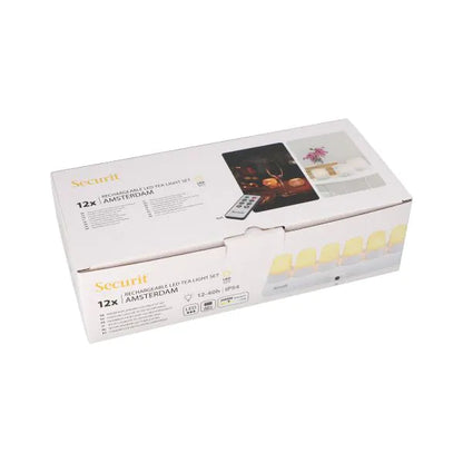 Papstar Securit® 12 LED-teevalo sis. latausasema Ø 4 cm x 5 cm "Amsterdam" valaistusaika 12-40 tuntia