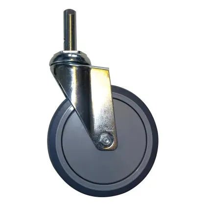 Yksi Novocal-kevytpyörä pultilla (Ø 150 mm), ihanteellinen lajitteluhyllyvaunuihin tai takkitelineisiin, metallikiinnikkeellä ja harmaalla kumirenkaalla, kuvattuna valkoisella taustalla. Pakkaus: 1 kappale.