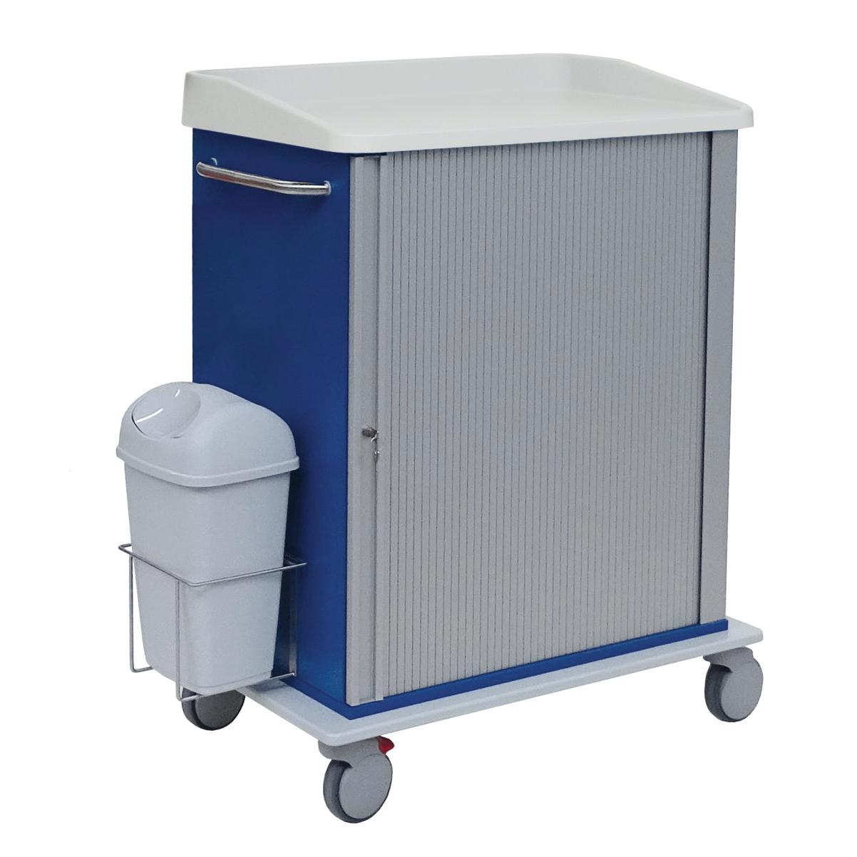 Ein blau-grauer Novocal Modulwagen mit durchgehender Vollkunststoffplatte, geschlossener Rolltür, weißem Verdeck, vier Rädern und seitlichem Mülleimer - ideal für sicheren Transport von Waren. 1 Stück Packung. Marke: Novocal.