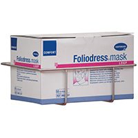 Novocalin ruostumattomasta teräksestä valmistettu suu- ja nenäsuojainpidike (kiinnitettäväksi Euro-kiskoon, 1 kappale/pakkaus) pitää suorakaiteen muotoisen laatikon, jossa on merkintä "Foliodress mask", joka sisältää kertakäyttöisiä kasvomaskeja. Merkki: Novocal.