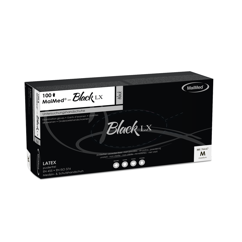 MaiMed-Black LX PF kertakäyttöiset lateksitutkimushanskat, puuterittomat, 100 kpl/laatikko