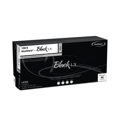MaiMed-Black LX PF kertakäyttöiset lateksitutkimushanskat, puuterittomat, 100 kpl/laatikko