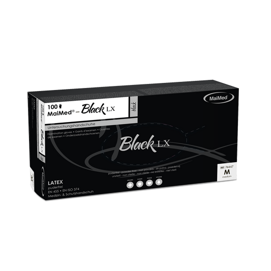 MaiMed-Black LX PF kertakäyttöiset lateksitutkimushanskat, puuterittomat, 100 kpl/laatikko