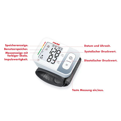 Medel Quick -ranneverenpainemittari yritykseltä Beurer GmbH, jossa on merkittyjä toimintoja, kuten muistin näyttö, käyttäjän muisti, värillinen asteikko, pulssin tehokkuus, päivämäärä ja aika, systolinen ja diastolinen paine sekä päälle/pois-toiminto.