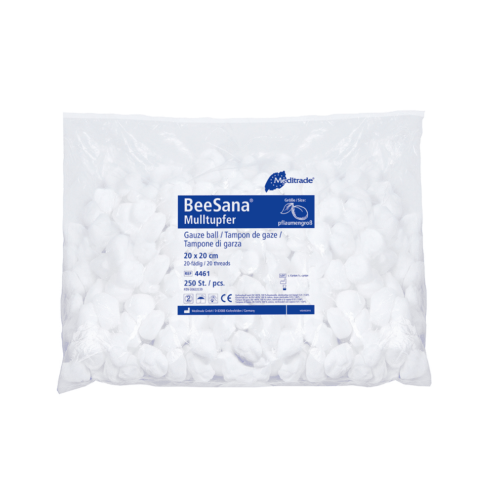 Tiivis, läpinäkyvä muovipussi, joka sisältää valkoisia sideharsotaitoksia. Etiketissä lukee "Meditrade BeeSana® sideharsotaitokset, ei-steriili" ja siinä ilmoitetaan, että pussi sisältää 250 kappaletta, koko.