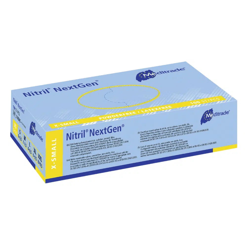 Yksi laatikko Meditrade Nitrile Handschuhe NextGen® erittäin pieniä kertakäyttöhanskoja Meditrade GmbH:lta. Pakkaus on pääosin sininen ja keltainen tekstien ja logojen kanssa.
