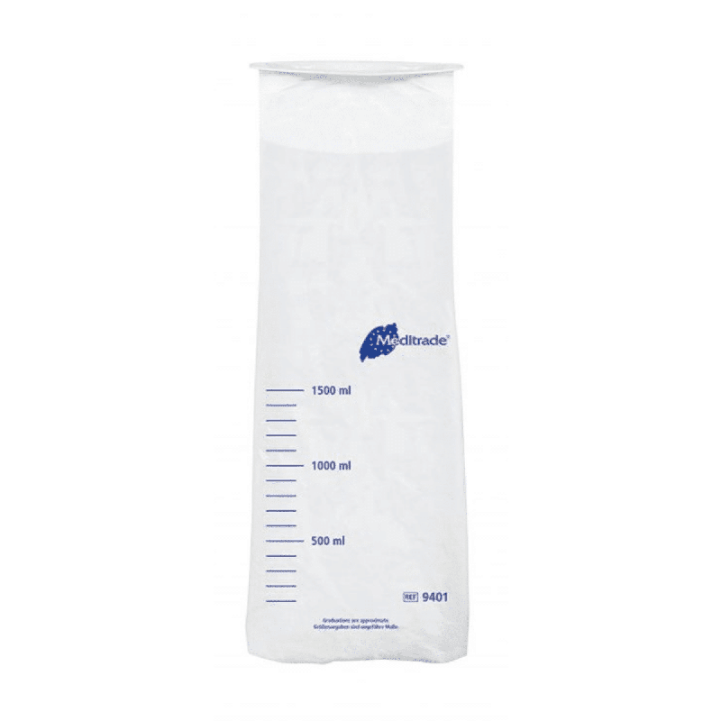 Läpinäkyvä, asteikolla varustettu polyeteenimuovinen mittalasi, jossa on siniset mitta-asteikot ja sininen ”Meditrade GmbH” -logo; mittalasi on tarkoitettu 500–1500 ml:n tilavuuksille.