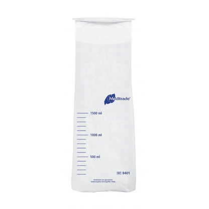 Läpinäkyvä, asteikolla varustettu polyeteenimuovinen mittalasi, jossa on siniset mitta-asteikot ja sininen ”Meditrade GmbH” -logo; mittalasi on tarkoitettu 500–1500 ml:n tilavuuksille.