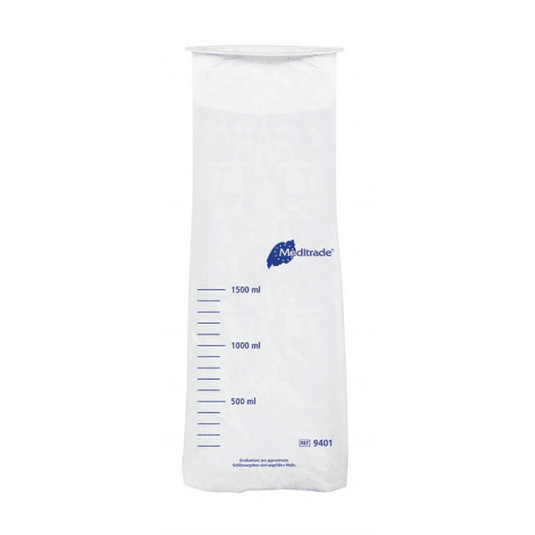 Läpinäkyvä, asteikolla varustettu polyeteenimuovinen mittalasi, jossa on siniset mitta-asteikot ja sininen ”Meditrade GmbH” -logo; mittalasi on tarkoitettu 500–1500 ml:n tilavuuksille.