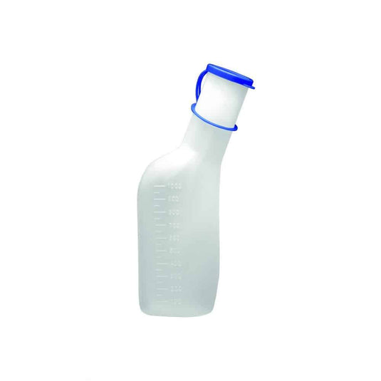 Meditrade GmbH:n miesten virtsapullo on läpinäkyvä muovipullo, jossa on sininen korkki ja ergonominen kantokahva. Sen tilavuus on 1000 ml, ja sen toisella sivulla on mitta-asteikot. Pulloa on helppo käyttää. Virtsapullon pidike on saatavana erikseen.