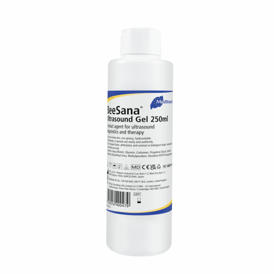 Pullo Meditrade BeeSana® -ultraäänigeeliä, 250 ml, joka on merkitty ultraäänitutkimuksissa käytettäväksi liukastusaineeksi. Etiketissä on tuotetiedot ja symbolit lakisääteisten vaatimusten noudattamista varten.
