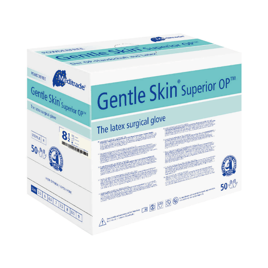 Yksi laatikko Meditrade Gentle Skin® Superior OP™ lateksi-leikkauskäsineitä, koko 8,5, sisältää 50 paria. Pakkaus on pääasiassa valkoinen ja sininen, ja siinä on yksityiskohtaiset tuotetiedot. Tämä lateksi-leikkauskäsine on Meditrade GmbH:n merkkiä.