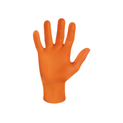 Oranssi Meditrade StellarGrip kertakäyttökäsine nitriilistä, eristettynä valkoisella taustalla, esitettynä sormet levitettyinä.