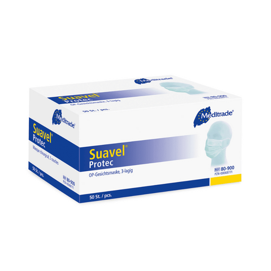 Suorakulmainen laatikko Meditrade Suavel® Protec OP-maskia, 50 kappaletta. Laatikko on pääasiassa valkoinen sinisillä yksityiskohdilla ja siinä on kuva henkilöstä, joka käyttää maskia. Se sisältää 50 kirurgista maskia (3-kerroksinen) korkealla bakteerien suodatuskyvyllä ja siinä on erilaisia tekstejä ja Meditrade GmbH:n logoja.