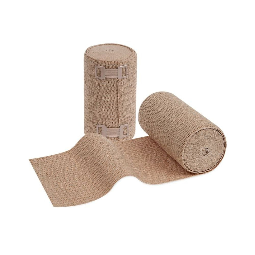 Näytteillä on kaksi rullaa Meditrade ABE Ven® voimakkaasti elastista pitkävetosidettä; yksi pystyasennossa ja toinen osittain rullattuna siten, että tekstuuri on näkyvissä. Pystyasennossa olevassa rullassa on metallikiinnittimiä siteen kiinnitykseen, jotka takaavat optimaalisen istuvuuden laskimo- ja imusairauksissa.