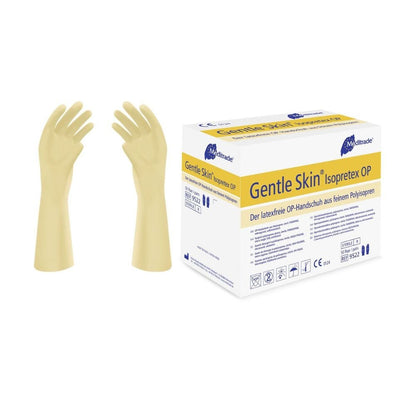Kaksi beigeä Meditrade Gentle Skin® Isopretex® -leikkauskäsinettä steriiliä ja puuteritonta on asetettu esille laatikon viereen. Laatikko on merkitty englanniksi ja saksaksi ja korostaa käsineiden steriilejä ja puuterittomia ominaisuuksia. Symbolit korostavat lateksitonta koostumusta ja turvallisuusstandardien noudattamista.
