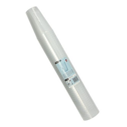 Pakkaus, jossa on 50 Starpak-uudelleenkäytettävää muovikuppia, seisoo pystyssä ja siinä on valkoinen etiketti tekstillä ja kuvalla. Särkymättömät polypropeenikupit ovat uusia ja käyttämättömiä ja niissä on sileä tekstuuri - ihanteellinen tuoreuden säilyttämiseen.