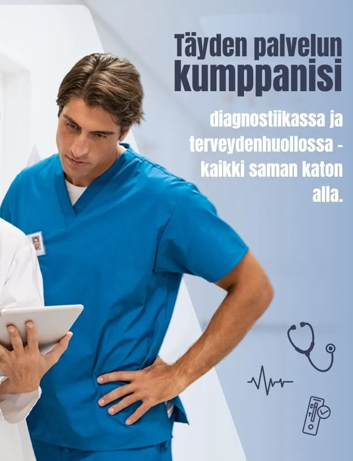 Kolme terveydenhuollon ammattilaista seisoo yhdessä ja katsoo tablettia, samalla kun oikealla näkyy mainosalue, jossa on lääketieteisiä symboleja.