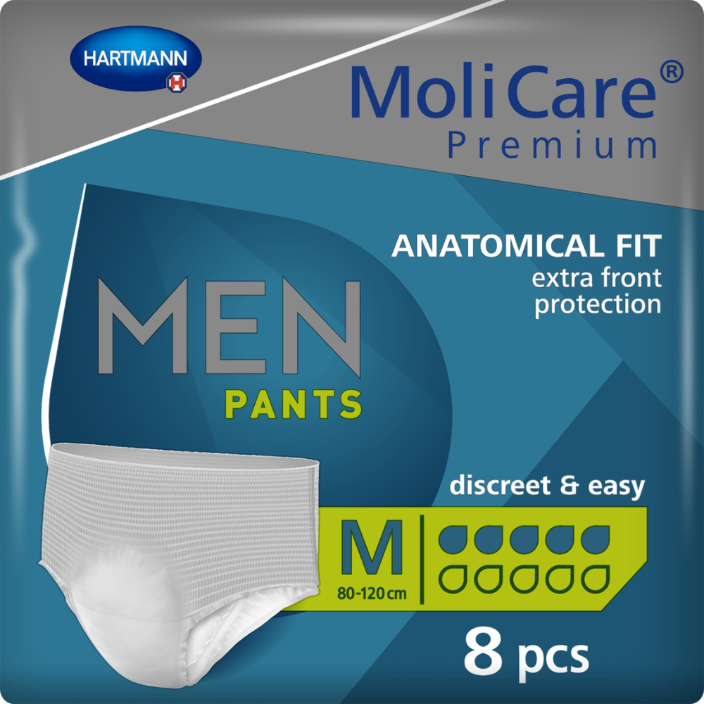 MoliCare Premium MEN PANTS 5 tippaa -pakkaus, koko Medium, Paul Hartmann AG:lta, esittää pakkauksen, jossa on 8 valkoista kertakäyttöistä alushousua, joissa on sinisiä ja keltaisia ​​muotoiluelementtejä. Kohokohtina ovat ominaisuudet, kuten anatominen istuvuus ja lisäsuoja edessä lievässä virtsankarkailussa.