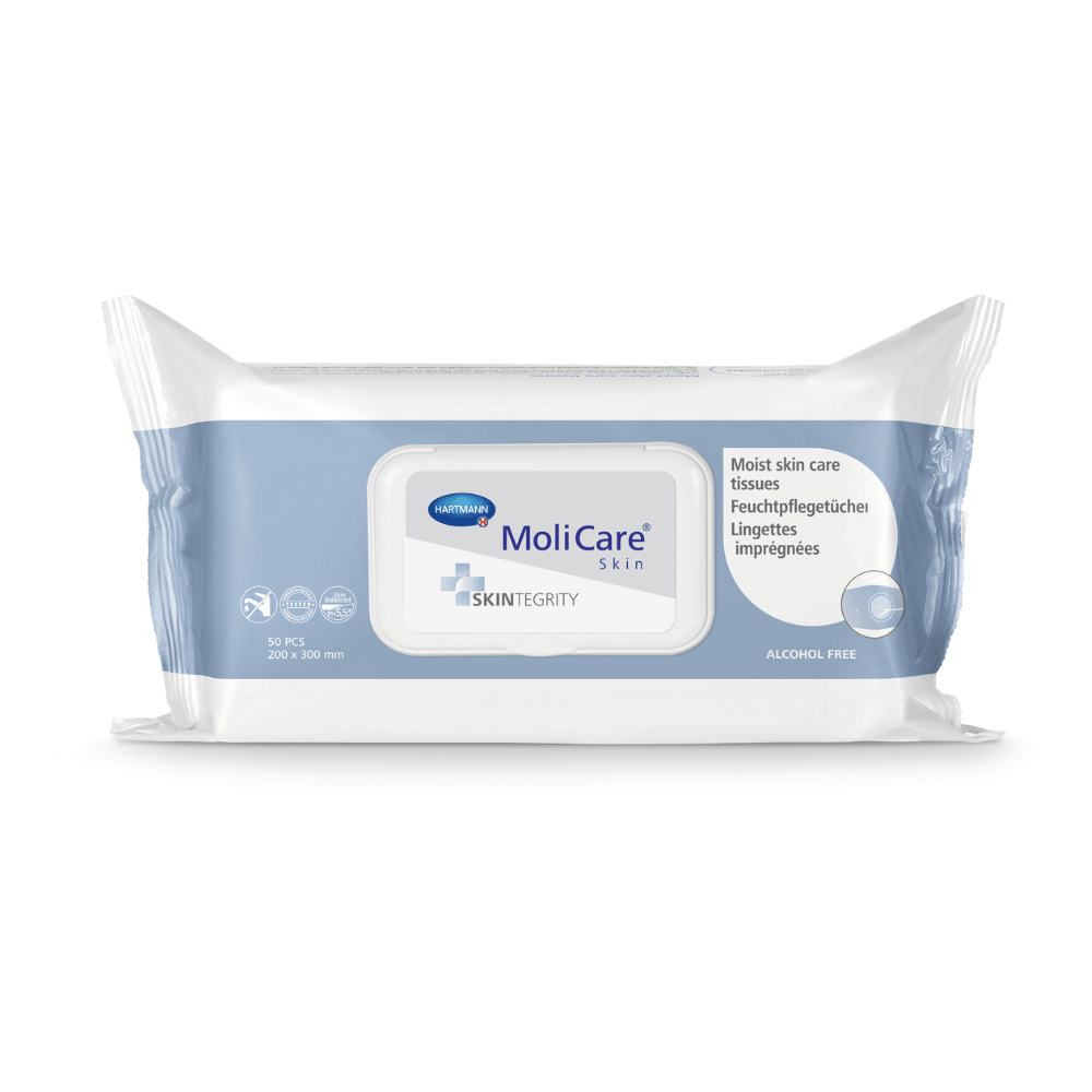 Paul Hartmann AG:n MoliCare® Skin -kosteuspyyhkeet valko-sinisessä pakkauksessa, merkitty "kosteuttavat ihonhoitopyyhkeet", alkoholittomat, koko 20x
