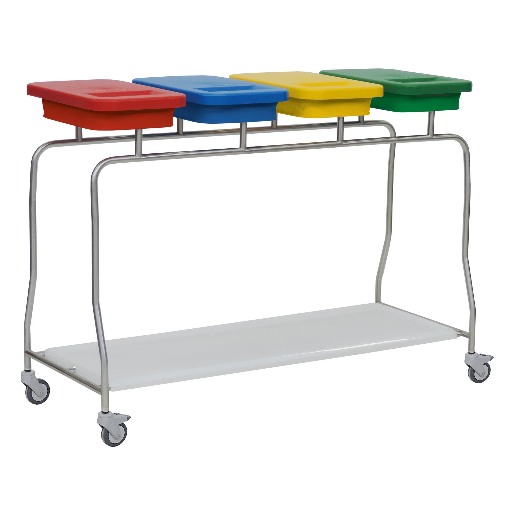 Der Novocal Edelstahl-Abfallsammler "Kompakt" Vierfachsammler verfügt über einen Edelstahlrahmen, vier farbige Behälter (rot, blau, gelb, grün), einen weißen Unterboden und vier Lenkrollen für eine einfache Mobilität.