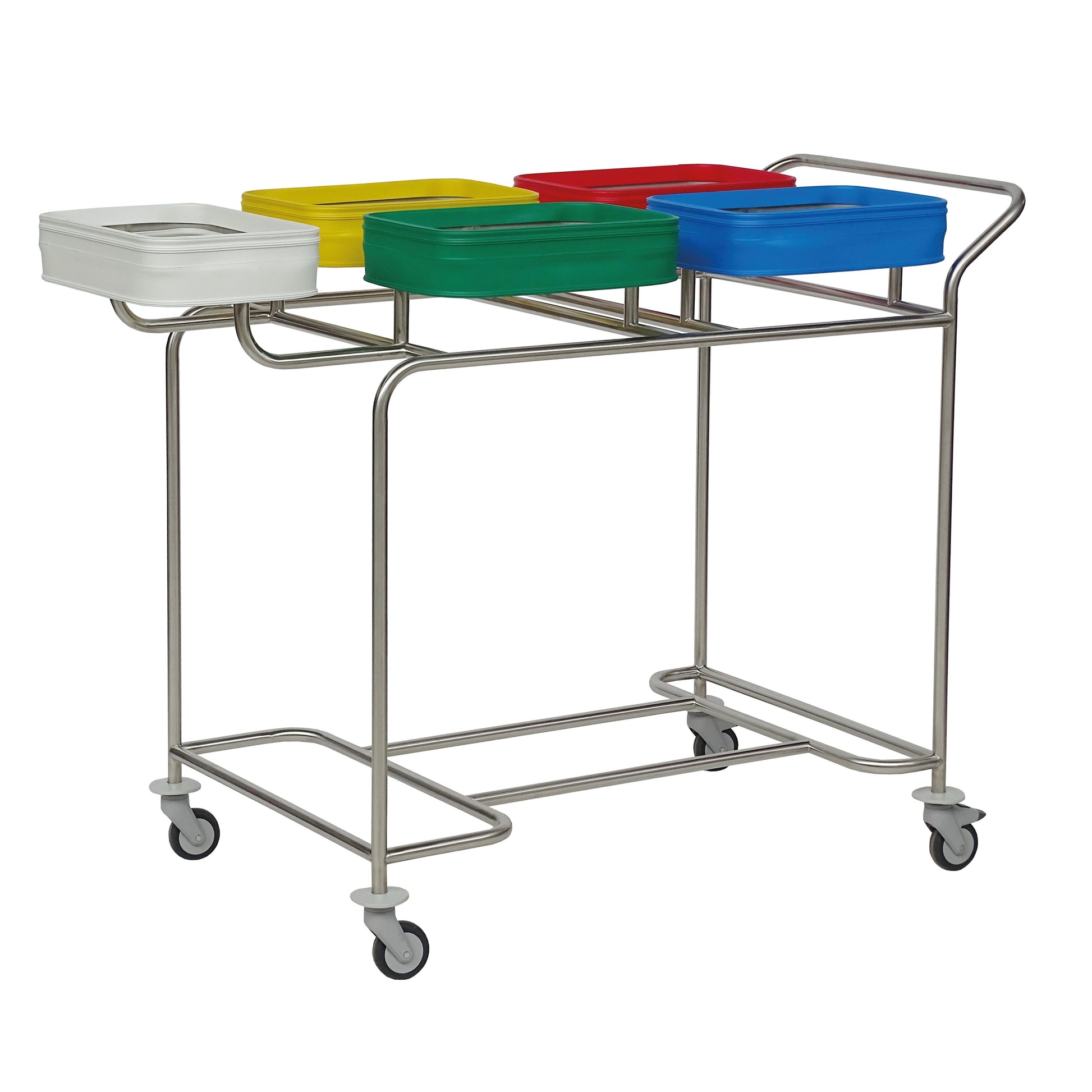 Eine platzsparende Lösung: Der Novocal Edelstahl-Wäschesammler "Kompakt plus" mit fünf Fächern und farbigen Deckeln auf Rollen eignet sich ideal zum Sortieren von Schmutzwäsche oder Müll.