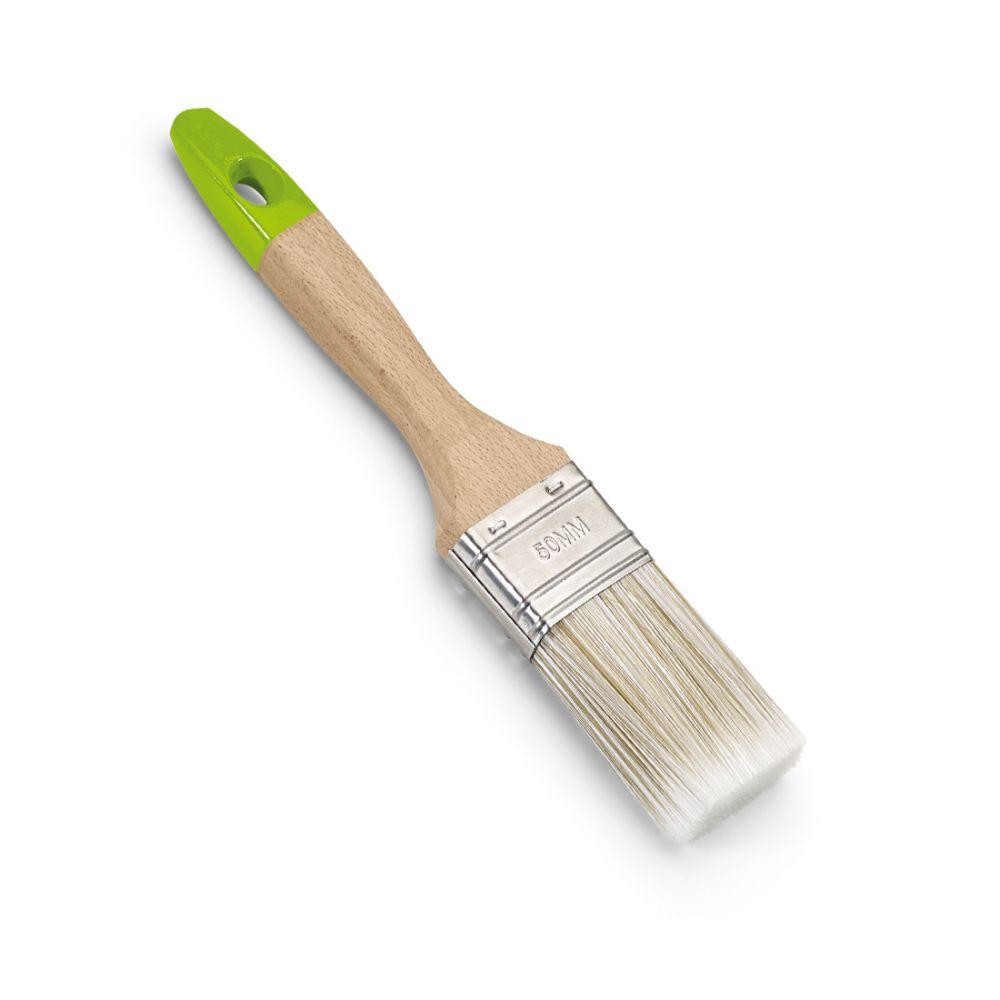Nölle Profi Brush Prestige Maalari-Lakkasiveltimessä on puukahva, vihreä muovikärki ja 60 mm leveä stanssattu metallinauha, ja siinä käytetään valkoisia täysin synteettisiä erikoisharjaksia korkealaatuisiin lakkatuloksiin.