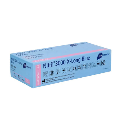 Laatikko Meditrade Nitril® 3000 X-Long 100 kpl. nitriilikäsineitä, erittäin pitkät, siniset, kuvattu valkoisella taustalla. Pakkaus on sininen valkoisella tekstillä, jossa on tuotetietoja.