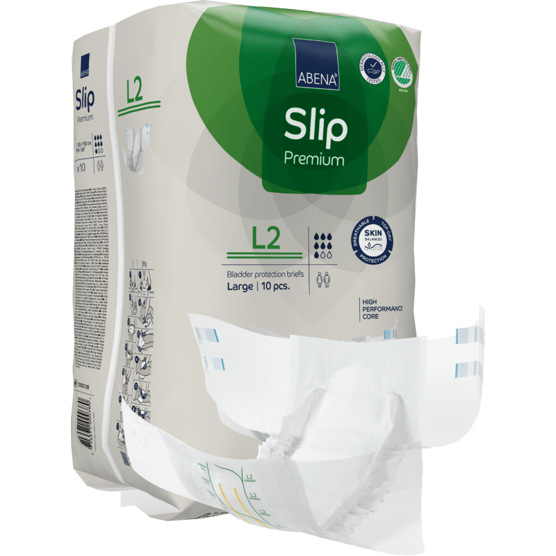 Pakkaus ABENA Slip Premium inkontinenssialushousuja Abena Re-Seller GmbH:ltä, koko Large (L2), sisältää 10 kappaletta. Yksi alushousu on osittain otettu pakkauksesta näyttämään sen muotoilun ja sisävuoren.