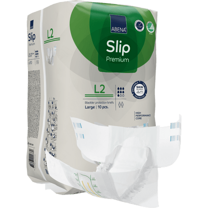 Pakkaus ABENA Slip Premium inkontinenssialushousuja Abena Re-Seller GmbH:ltä, koko Large (L2), sisältää 10 kappaletta. Yksi alushousu on osittain otettu pakkauksesta näyttämään sen muotoilun ja sisävuoren.