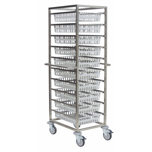 Der Novocal Offener Modulwagen Ausführung 1-reihig aus Edelstahl mit zwei seitlichen Griffen und vier Lenkrollen fasst acht weiße Kunststoffkörbe, die vertikal gestapelt werden. Marke: Novocal. Packungsgröße: 1 Stück.