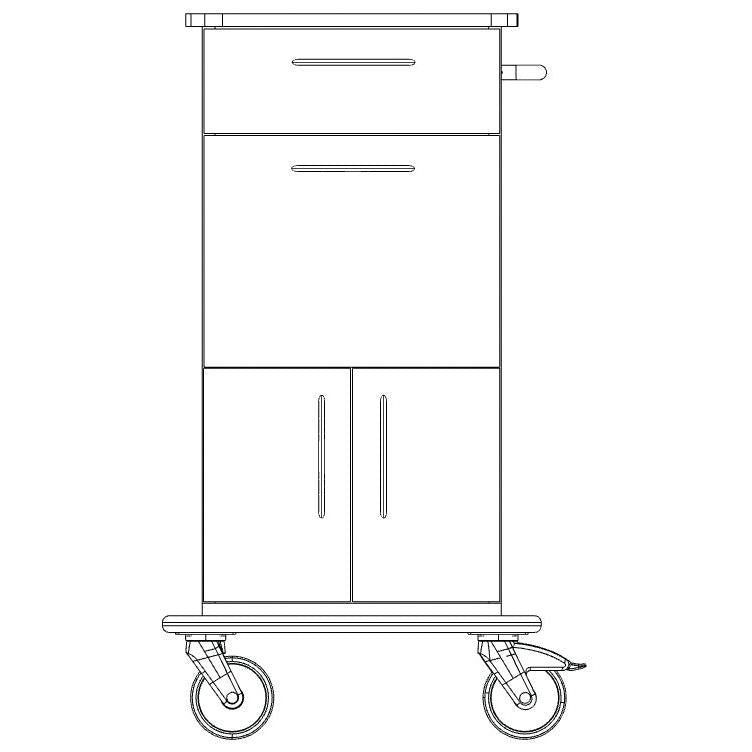 Novocal-hoito- ja työvaunun etunäkymä: täysmuovinen runko, ylälaatikko, alaosa kaappi kahdella ovella, kahva oikealla puolella ja kaksi suurta pyörää. Merkki: Novocal.