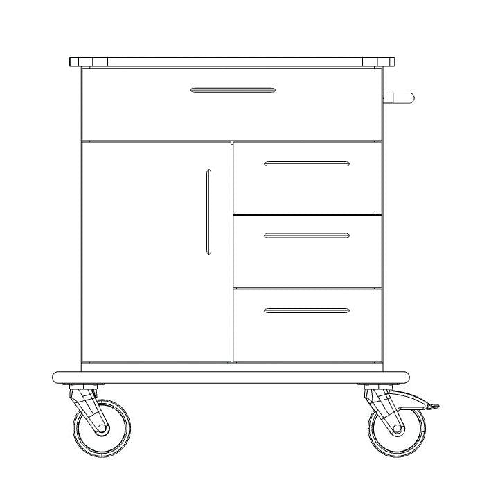 Musta-valkoinen viivapiirros Novocal-hoito- ja työvaunun rungosta (täysmuovi), jossa on ylälaatikko, kolme sivulaatikkoa, kaapinovi, isot pyörät ja kahva oikealla puolella. Merkki: Novocal.