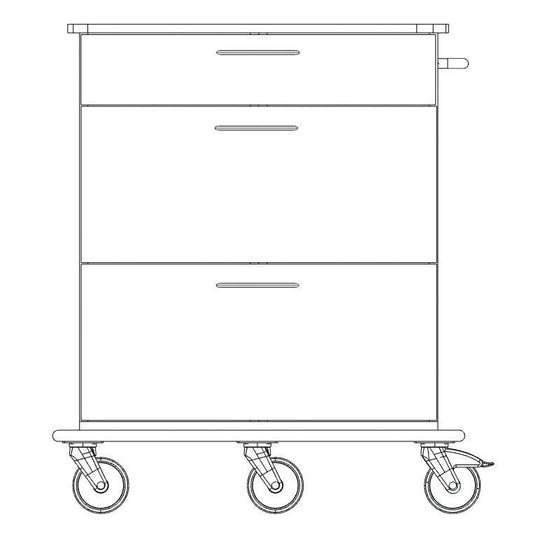Schwarz-weiße Strichzeichnung des Novocal Pflege- und Arbeitswagen Fahrgestell Vollkunststoff mit drei Schubladen, vier Lenkrollen (eine mit Bremshebel) und einem Griff auf der rechten Seite. Packung: 1 Stück. Marke: Novocal.