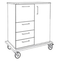Strichzeichnung des Novocal Pflege- und Arbeitswagens: links drei Auszüge, rechts ein eintüriger Schrank, robuste Vollkunststoffplatte und vier Lenkrollen. Marke: Novocal. Packung (1 Stück).