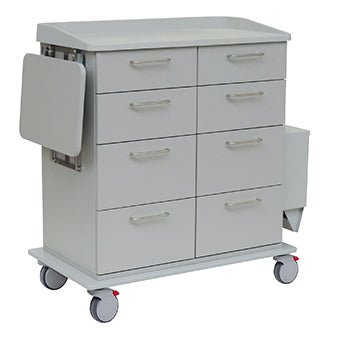 Novocal-hoito- ja työvaunu on varustettu kestävällä täysmuovilla, kahdeksalla laatikolla, taittuvalla sivuhyllyllä, sivulokerolla ja neljällä ohjauspyörällä (kaksi punaisilla jarruilla) - ihanteellinen lääketieteellisten tarvikkeiden tehokkaaseen säilytykseen.