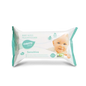 Eine Packung Dr. Schumacher CAREZONE BABYWIPES SENSITIVE (80 Tücher) der Dr. Schumacher GmbH mit weißem und blaugrünem Design, einem lächelnden Babygesicht und zweisprachigem Text in Deutsch und Englisch, ideal für empfindliche Babyhaut.