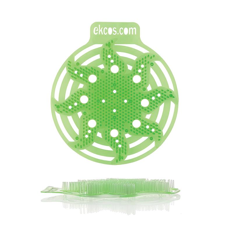 Vihreä, pyöreä Ekcos Power Screen -pissuaari matto - 30+ päivää Diversey Deutschland GmbH & Co. OHG:ltä, jossa on useita reikiä ja lehden kaltaisia ulokkeita, on kuvattu pystyasennossa; yläosassa on painettu "ekcos.com", mikä korostaa pitkäkestoista hajunhallintaa jopa 30 päivän ajan.