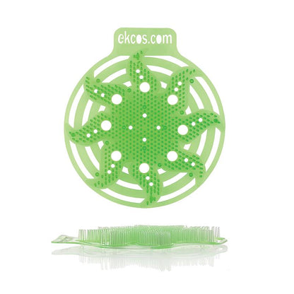 Vihreä, pyöreä Ekcos Power Screen -pissuaari matto - 30+ päivää Diversey Deutschland GmbH & Co. OHG:ltä, jossa on useita reikiä ja lehden kaltaisia ulokkeita, on kuvattu pystyasennossa; yläosassa on painettu "ekcos.com", mikä korostaa pitkäkestoista hajunhallintaa jopa 30 päivän ajan.
