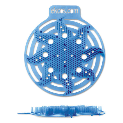 Ekcos Power Screen -pissuaari matto - 30+ päivää Diversey Deutschland GmbH & Co. OHG:ltä on sininen, pyöreä matto, jossa on reikiä ja kohotettuja harjaksia pitkäkestoiseen hajunhallintaan, joka on varustettu aurinkomaisella designilla ja tekstillä "ekcos.com".