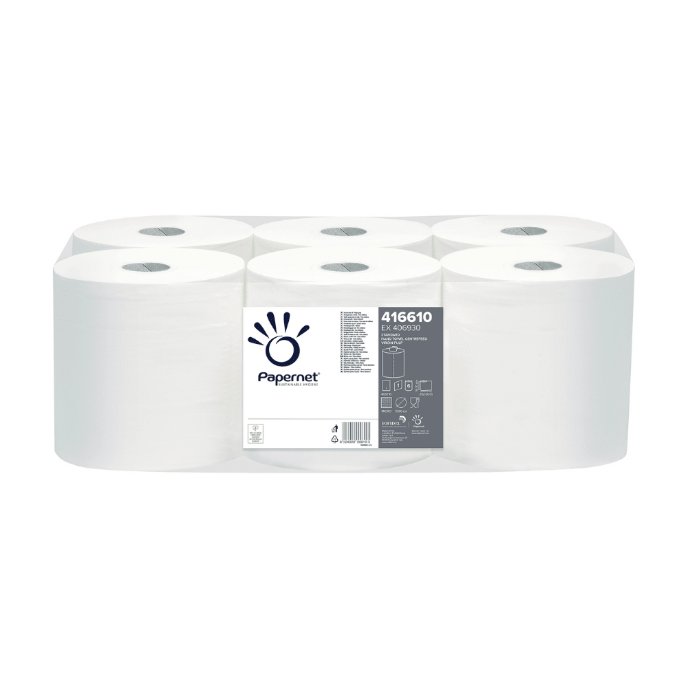Pakkaus, joka sisältää kuusi erittäin imukykyistä Papernet Centrefeed-käsipyyherullaa, pakattuna läpinäkyvään muoviin. Etiketissä on merkitty „Sofidel Germany GmbH“ -merkki ja tuotekoodi 416610, ihanteellinen hygieeniseen käsienkuivaukseen.
