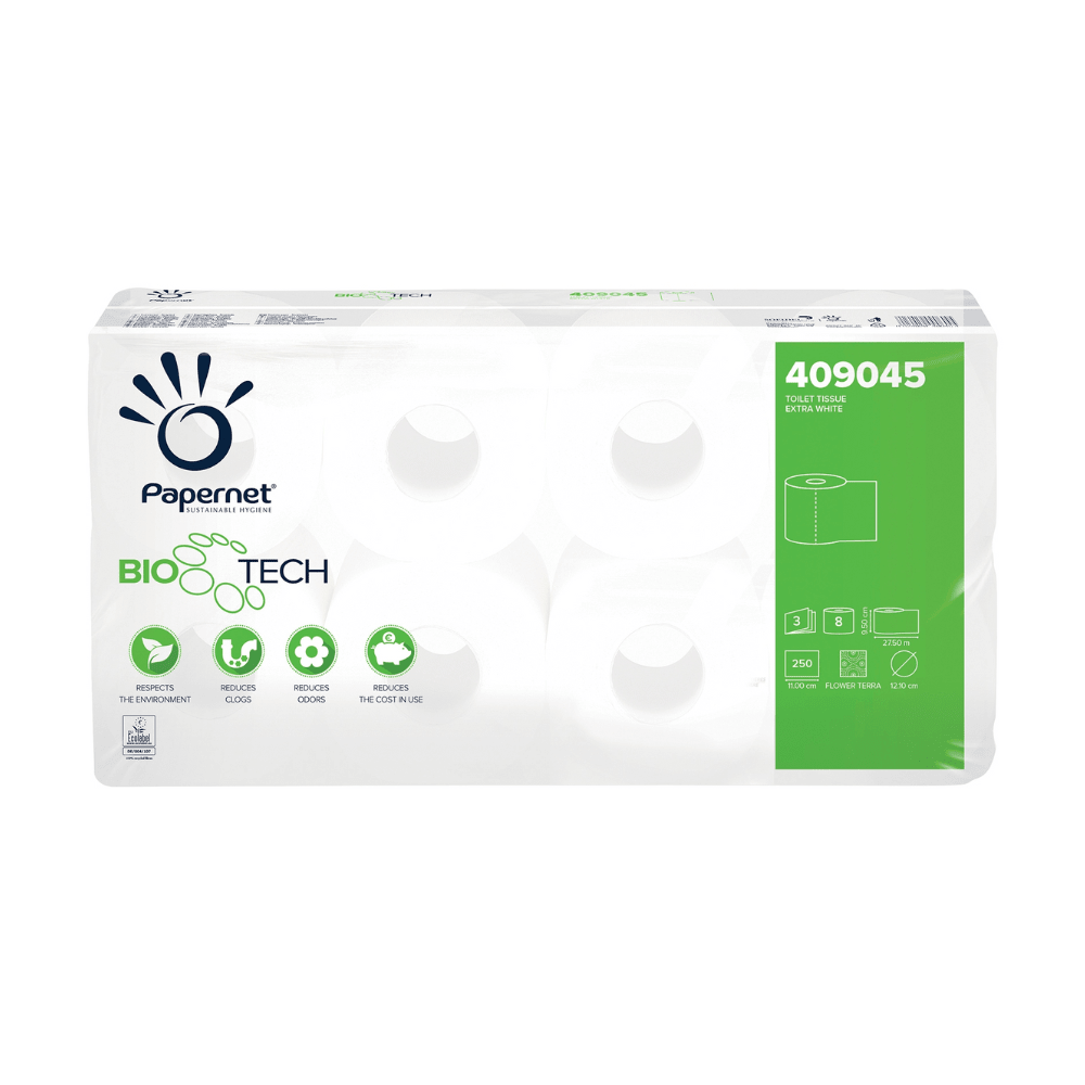 Esittelemme Papernet wc-paperin, jossa on Sofidel Germany GmbH:n Bio Tech -teknologia, tuotekoodi 409045. Tämä parannettu wc-paperi Biologic-Active-Tissue-Paper-teknologialla toimitetaan biohajoavissa rullissa. Enimmäkseen valkoinen pakkaus on varustettu vihreillä aksenteilla korostamaan ympäristöystävällisiä ominaisuuksia, ja tuotekoodi on selkeästi näkyvissä oikeassa yläkulmassa.