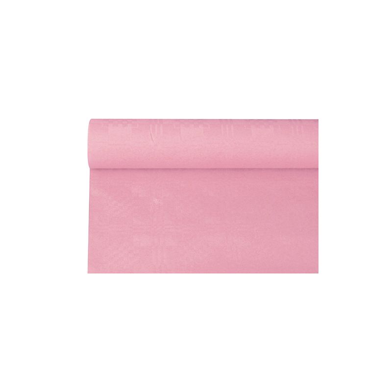 Rullattu kappale PAPSTAR damastikuvioitua paperipöytäliinaa, vaaleanpunaisessa sävyssä, lepää elegantisti valkoisella taustalla.